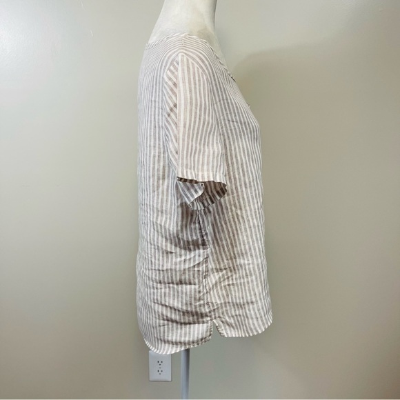 TAHARI 100% Linen Tan & White Striped Short Sleeve pocket Top - SMALL - Picture 6 of 7